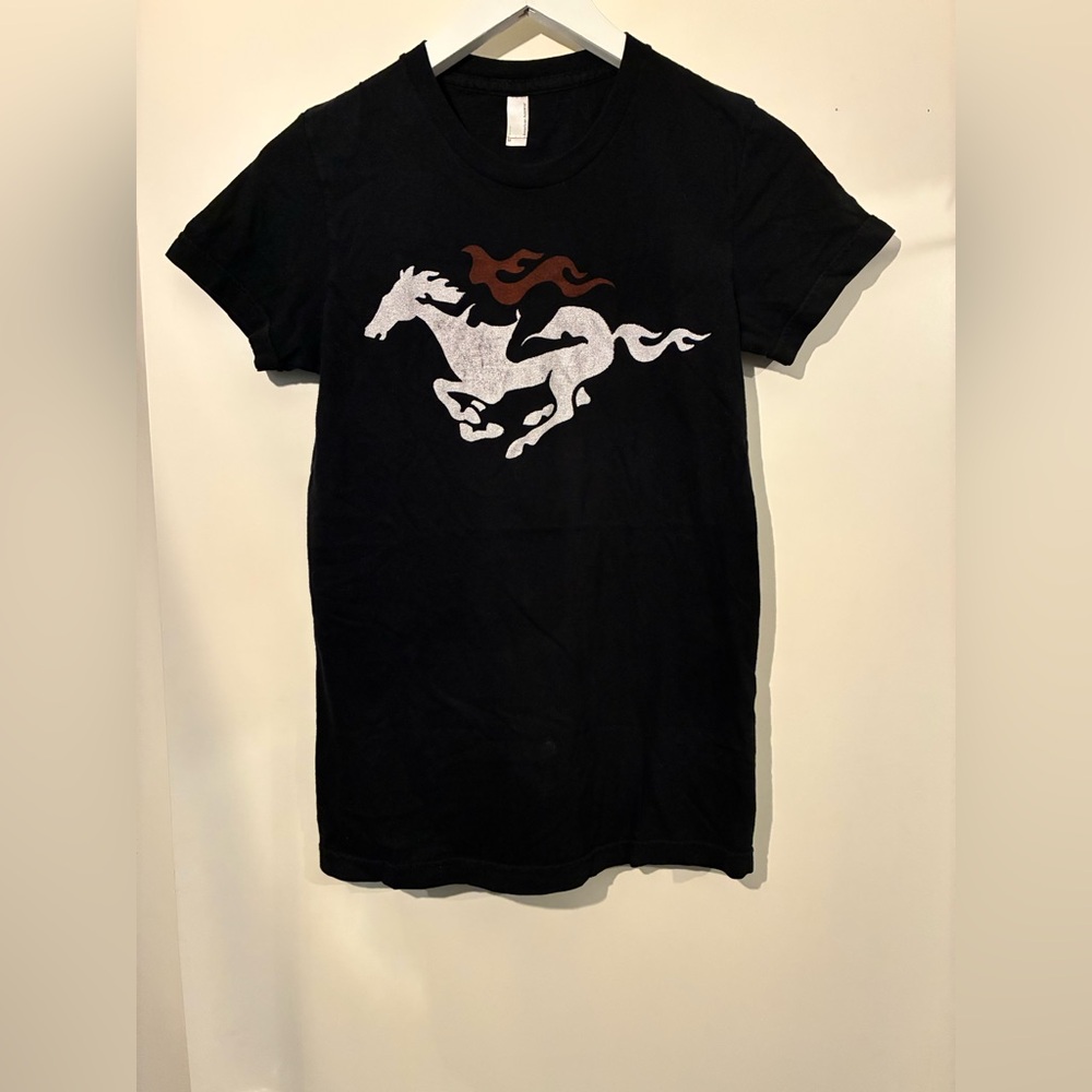 American Apparel Black Tee with mustang and lady rider.